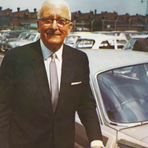 Sir William beside a Development Car (Bill Heynes in shot).